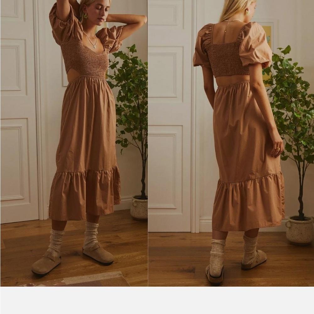 Faithfull the‎ Brand Hazelnut Bloom Light Brown Puff Sleeve Midi Dress